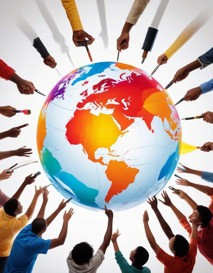 A diverse group of individuals enthusiastically collaborating around a large, colorful globe symbolizing the blogosphere, each person holding unique tools like microphones, pens, and laptops. Behind them are vibrant speech bubbles filled with symbols of creativity, such as light bulbs and musical notes, showcasing varied voices. Sunlight streams in from above, illuminating the scene with warmth and energy. super-realistic. vibrant colors. white background.
