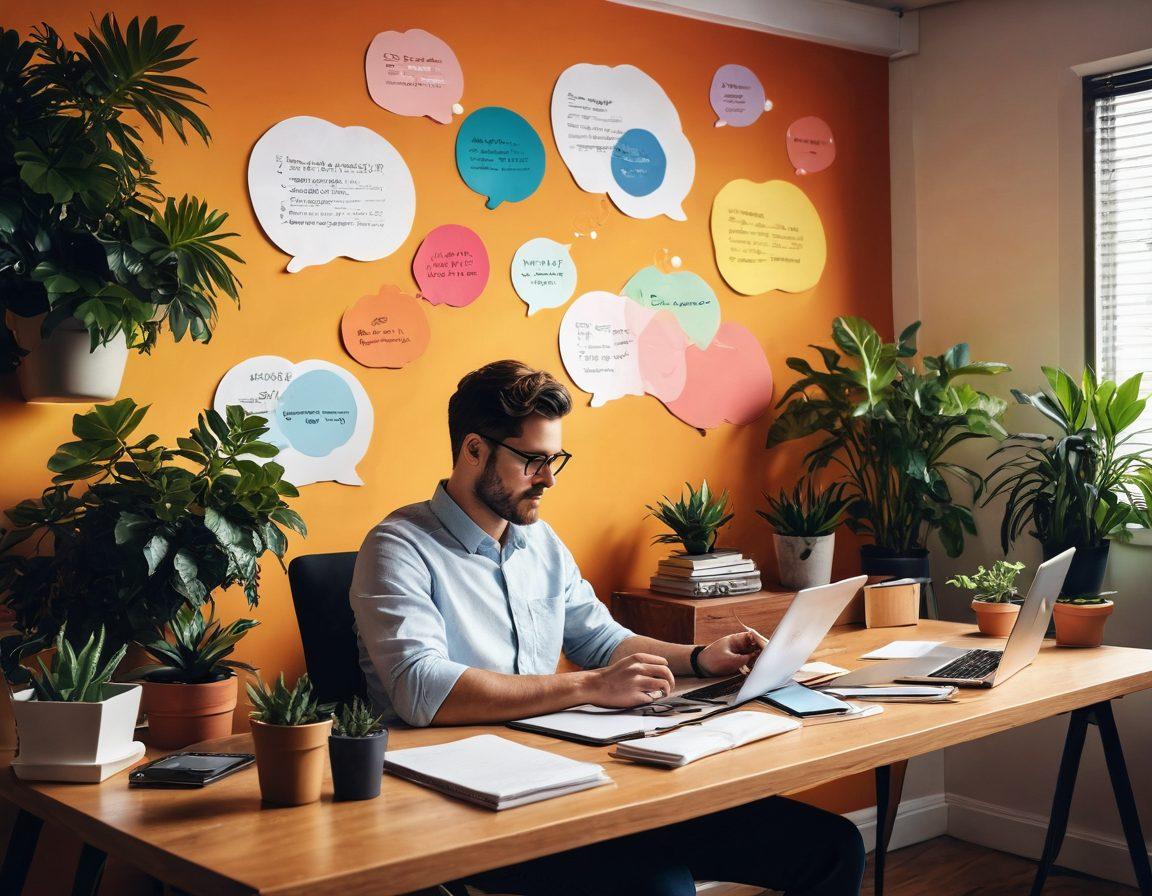 A person sitting at a modern desk, surrounded by digital devices like a laptop and tablet, jotting down thoughts in a stylish diary, with colorful, flowing thought bubbles transforming into vibrant content ideas in the air. The ambiance is warm and inviting, with plants and inspiring quotes visible around the workspace. super-realistic. vibrant colors. cozy atmosphere.